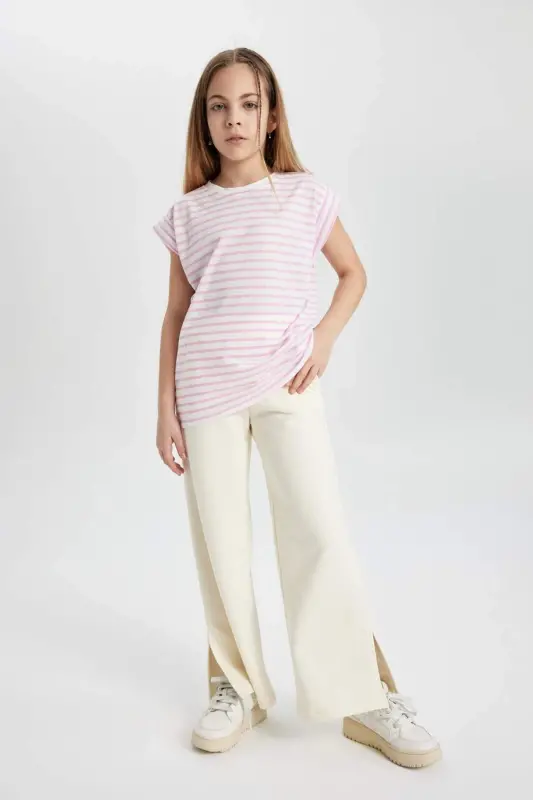 Girl Wide Leg Slit Hem Pants C0310A824SM-Ecru - DEFACTO