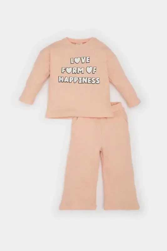 Girls' 2-Piece Waffle Knit Set: Printed Sweatshirt with Bicycle Neckline & Wide Leg Sweatpants with Elastic Waistband - 1