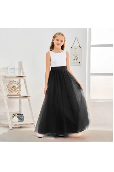 Girls 3 Layer Fluffy Long Tulle Skirt Graduation Party Show Skirt - 1