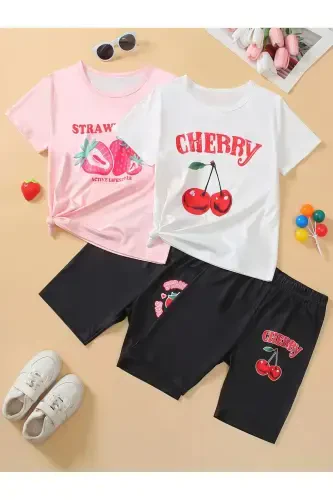 Girl's 4-Pack Pink-White Strawberry and Cherry Print Jersey Black Shorts T-Shirt Set-Pink - 3