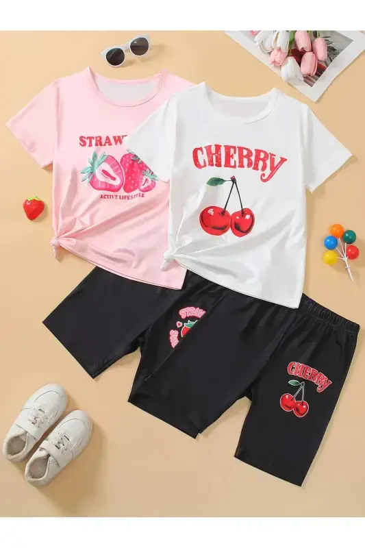 Girl's 4-Pack Pink-White Strawberry and Cherry Print Jersey Black Shorts T-Shirt Set-Pink - 3