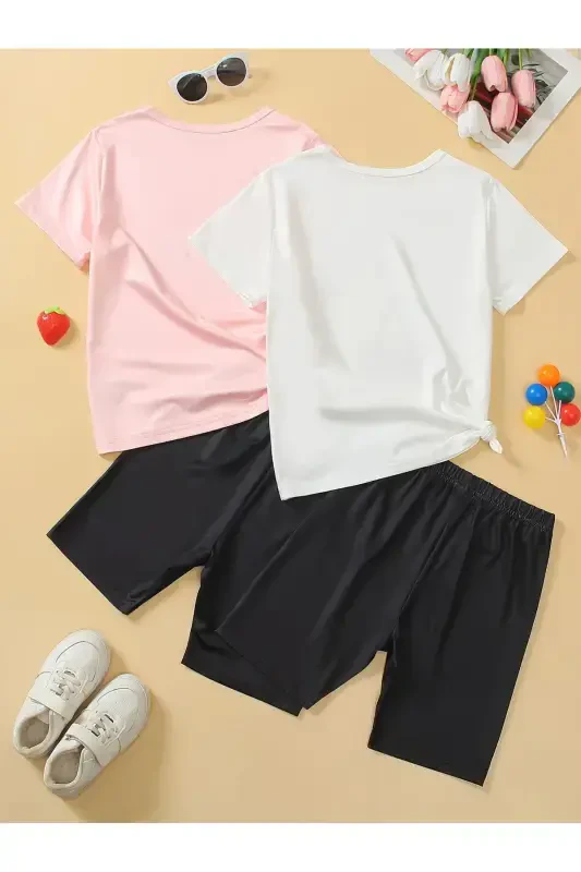 Girl's 4-Pack Pink-White Strawberry and Cherry Print Jersey Black Shorts T-Shirt Set-Pink - 4