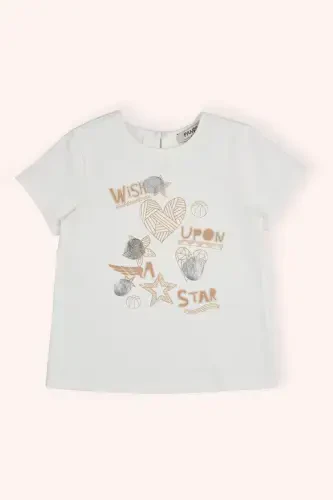 Girls Baby Bicycle Back Neck Drop and Buttoned Printed Ecru T-Shirt - 1