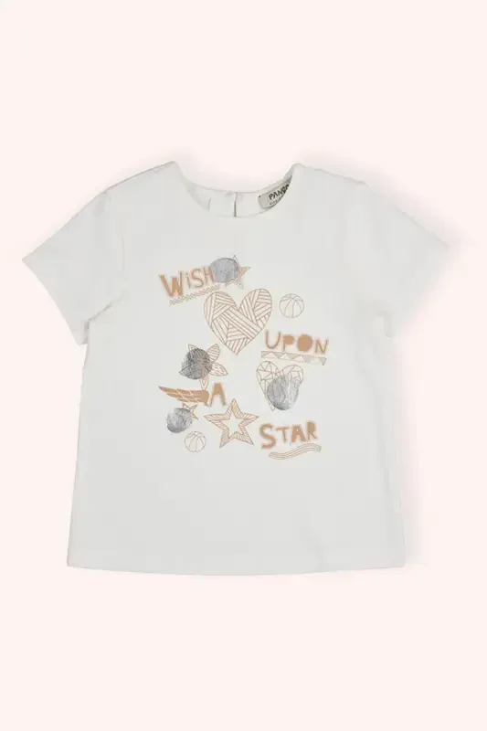 Girls Baby Bicycle Back Neck Drop and Buttoned Printed Ecru T-Shirt - 1