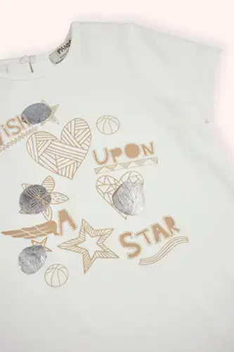 Girls Baby Bicycle Back Neck Drop and Buttoned Printed Ecru T-Shirt - PANÇO (1)