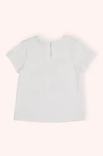 Girls Baby Bicycle Back Neck Drop and Buttoned Printed Ecru T-Shirt - 3