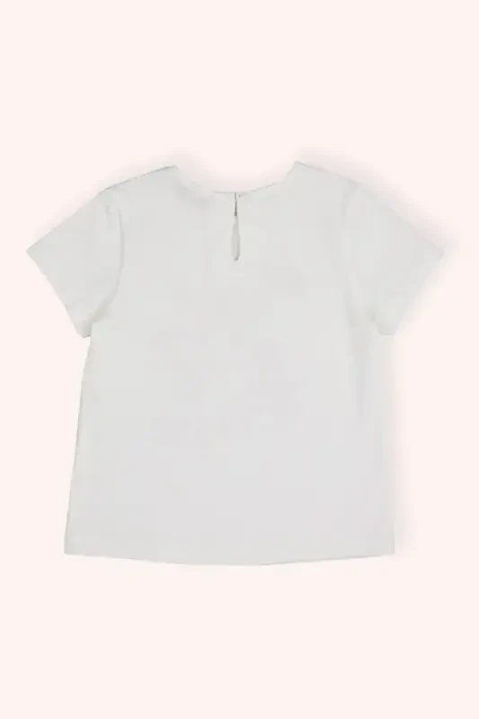 Girls Baby Bicycle Back Neck Drop and Buttoned Printed Ecru T-Shirt - 3