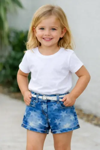 Girls Baby Kids Low Waist Double Leg Skinny Fit Belted Denim Jeans Shorts 