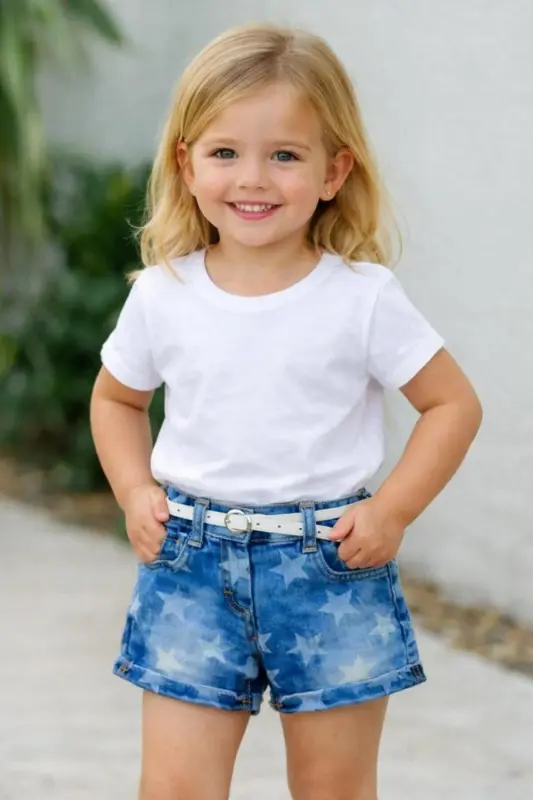 Girls Baby Kids Low Waist Double Leg Skinny Fit Belted Denim Jeans Shorts - 1