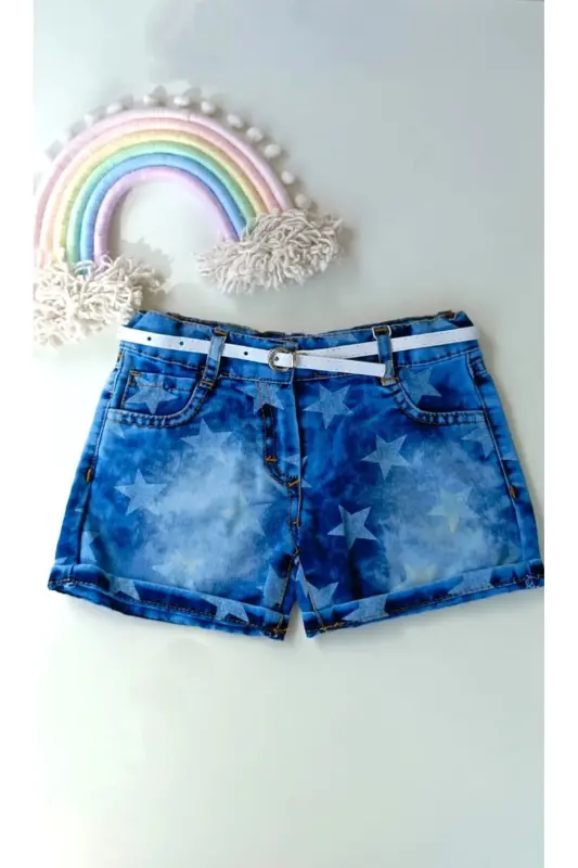 Girls Baby Kids Low Waist Double Leg Skinny Fit Belted Denim Jeans Shorts - 3