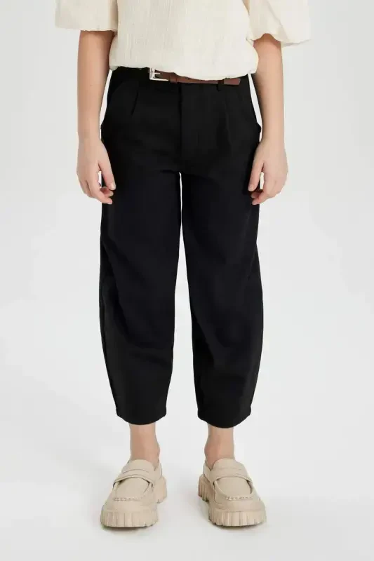 Girls Barrel Fit Wide Leg Cotton Belt Trousers C0450a8 - 1