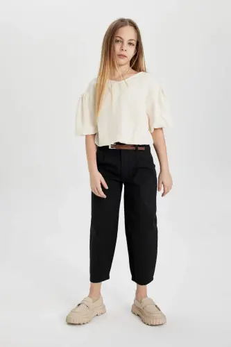 Girls Barrel Fit Wide Leg Cotton Belt Trousers C0450a8 - 4