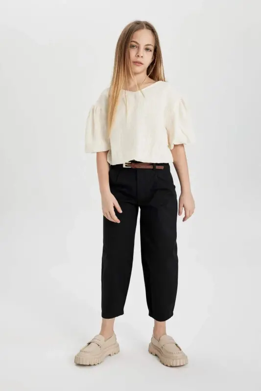Girls Barrel Fit Wide Leg Cotton Belt Trousers C0450a8 - 4