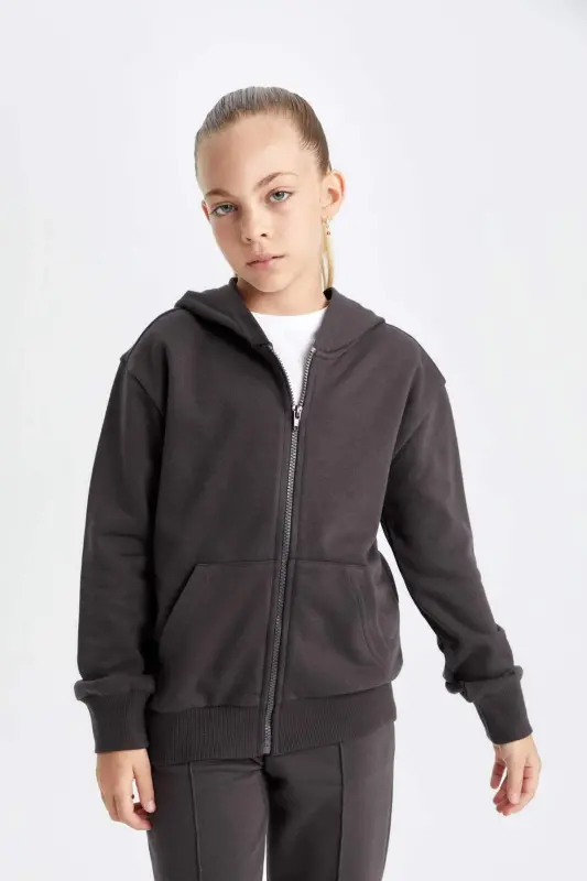 Girls Basic Hooded Zipper School Jacket C8110A824AU - DEFACTO