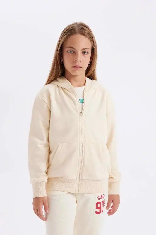 Girls Basic Plain Hooded Zippered Pocket School Cardigan C8110A824AU-Ecru - 1
