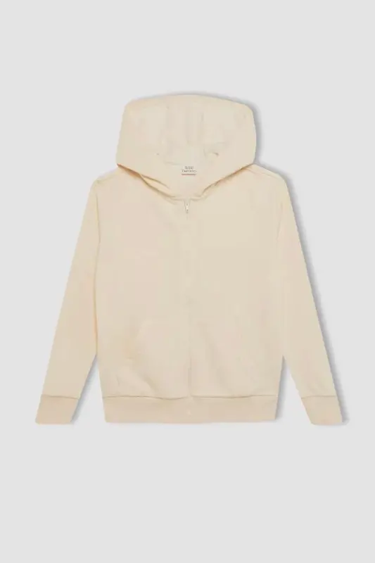 Girls Basic Plain Hooded Zippered Pocket School Cardigan C8110A824AU-Ecru - 5