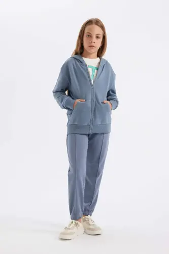 Girl's Basic Plain Hooded Zippered School Cardigan C8110A824AU-Gray 