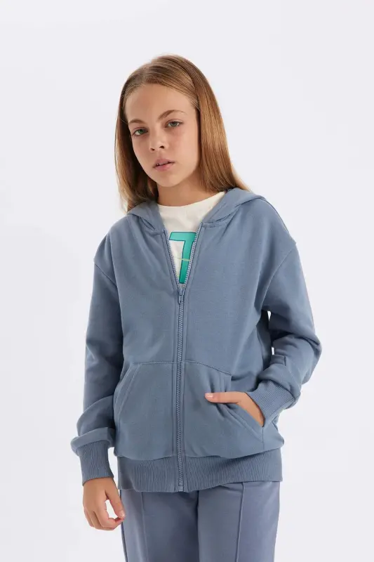 Girl's Basic Plain Hooded Zippered School Cardigan C8110A824AU-Gray - 3