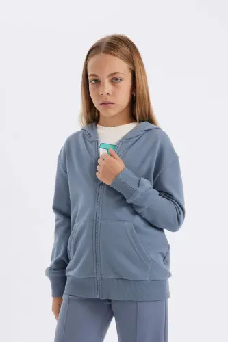 Girl's Basic Plain Hooded Zippered School Cardigan C8110A824AU-Gray - 6