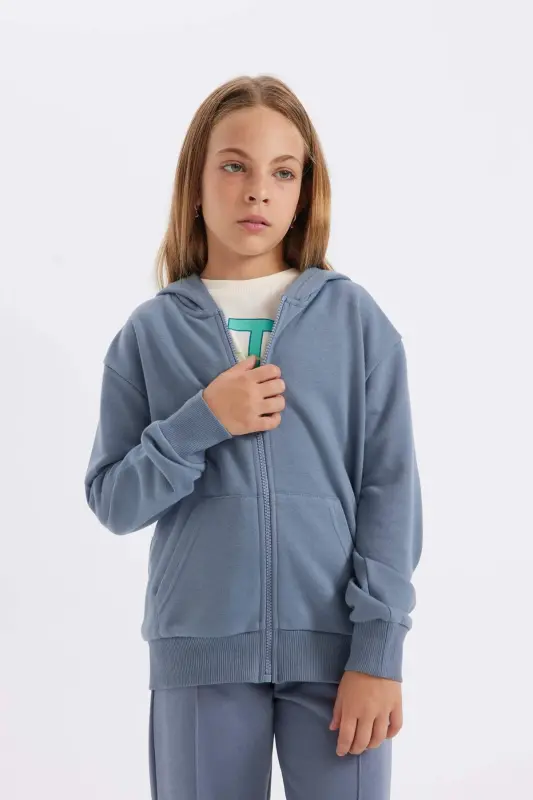 Girl's Basic Plain Hooded Zippered School Cardigan C8110A824AU-Gray - 2