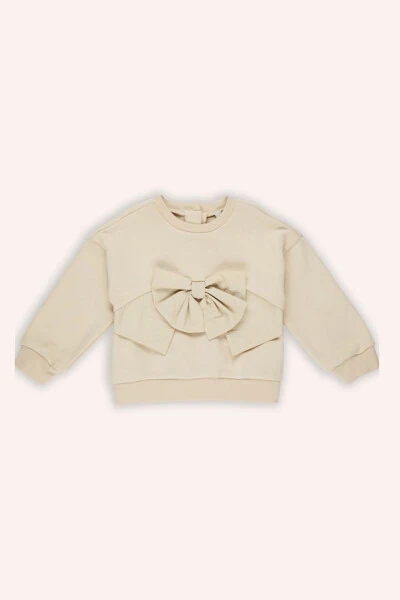 Girl's Beanie Bow Detail Beige Sweatshirt - PANÇO