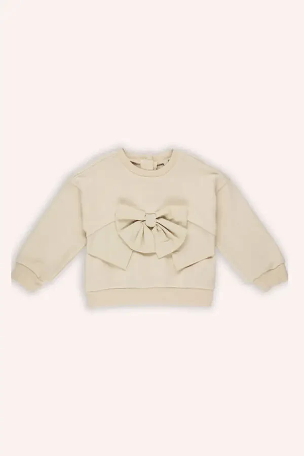 Girl's Beanie Bow Detail Beige Sweatshirt - 1