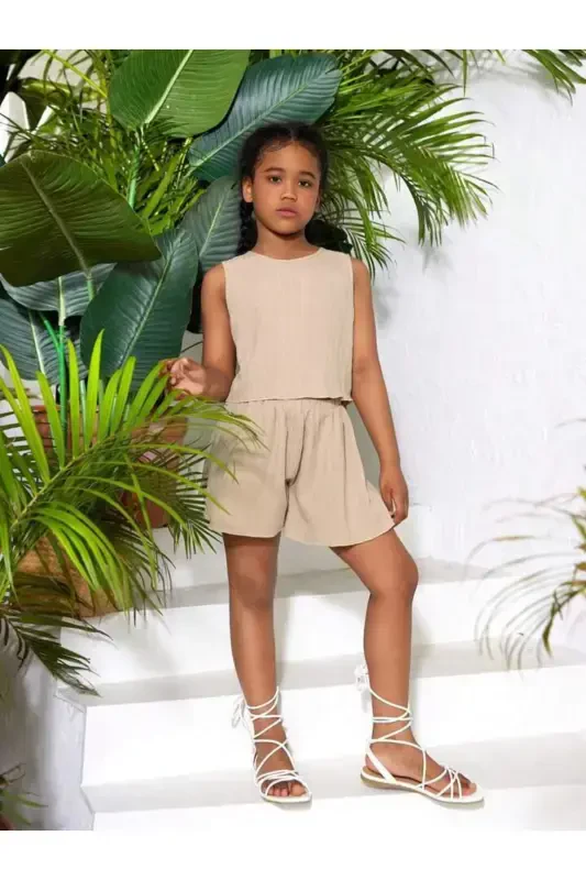 Girl's Beige Crinkle Fabric Top and Bottom Set-Beige1 - 2