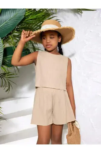Girl's Beige Crinkle Fabric Top and Bottom Set-Beige1 - 3