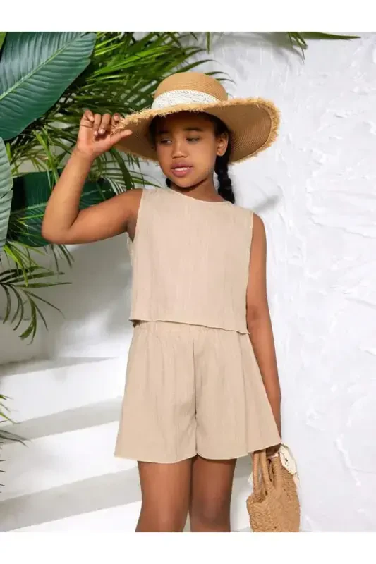 Girl's Beige Crinkle Fabric Top and Bottom Set-Beige1 - 3