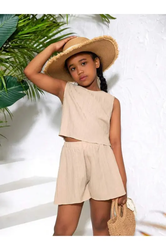Girl's Beige Crinkle Fabric Top and Bottom Set-Beige1 - LOUİSA