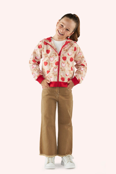 Girl's Beige Sweatshirt with Apple Pattern and Zipper - PANÇO
