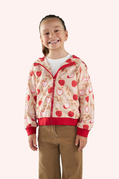 Girl's Beige Sweatshirt with Apple Pattern and Zipper - 3