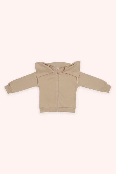 Girl's Beige Sweatshirt with Zipper and Wide Collar Detail - PANÇO