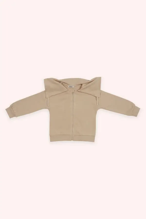Girl's Beige Sweatshirt with Zipper and Wide Collar Detail - 1