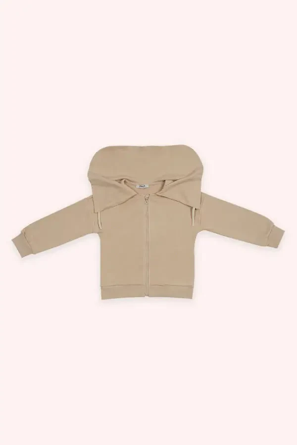 Girl's Beige Sweatshirt with Zipper and Wide Collar Detail - 2