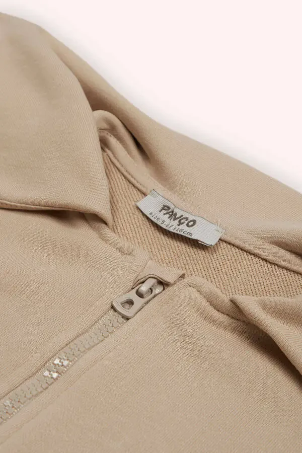 Girl's Beige Sweatshirt with Zipper and Wide Collar Detail - 4