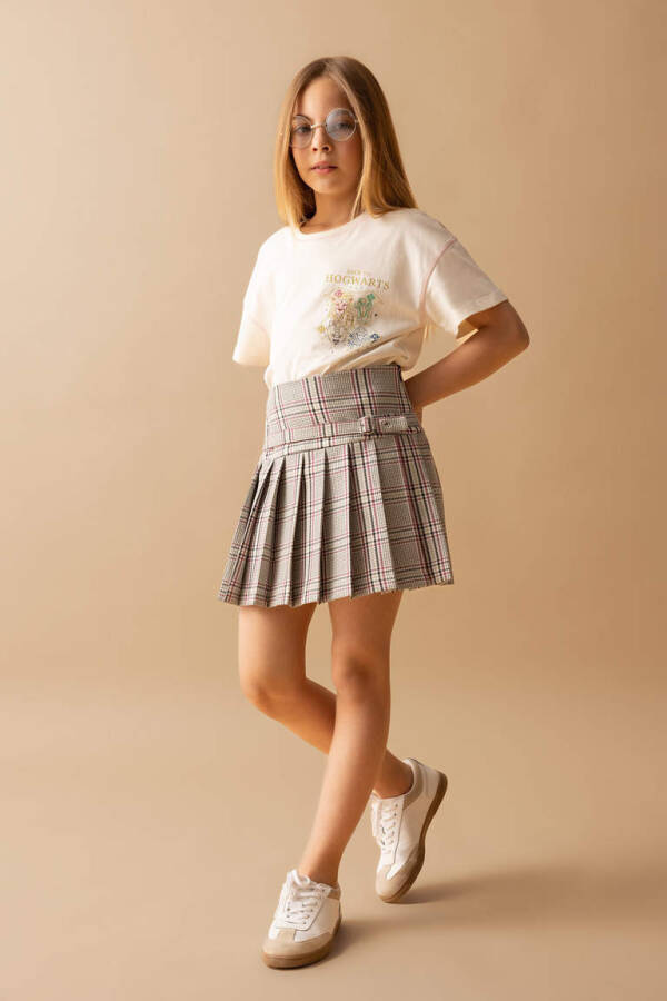 Girls' Belt Detailed Plaid Skirt Light Gray - 1