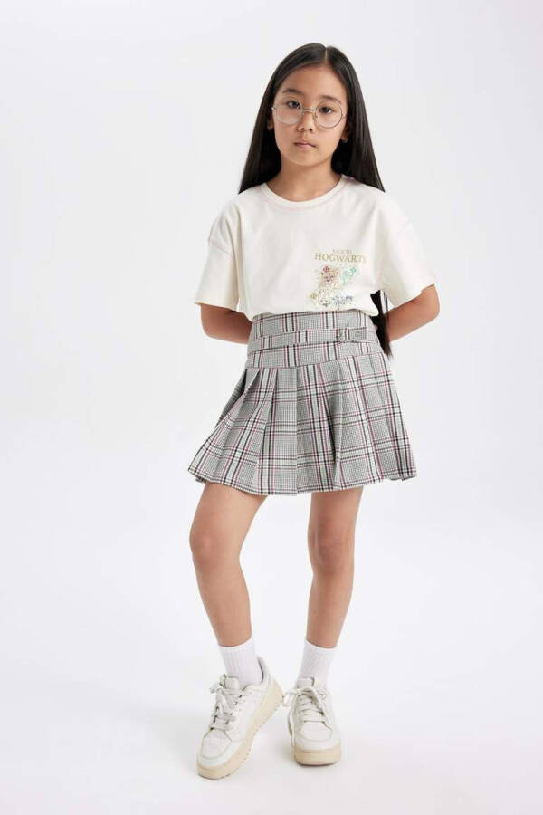 Girls' Belt Detailed Plaid Skirt Light Gray - 3