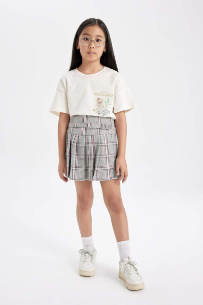 Girls' Belt Detailed Plaid Skirt Light Gray - 4