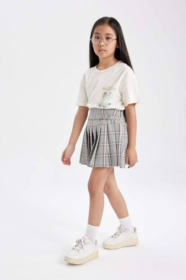 Girls' Belt Detailed Plaid Skirt Light Gray - 5