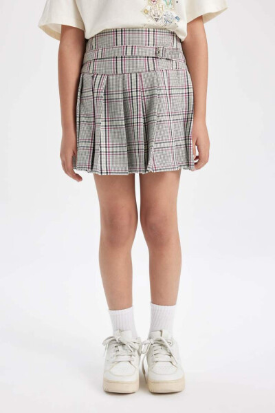 Girls' Belt Detailed Plaid Skirt Light Gray - 6