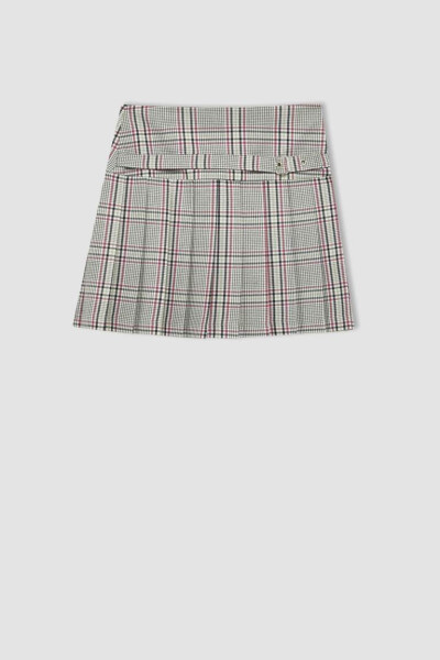 Girls' Belt Detailed Plaid Skirt Light Gray - 9