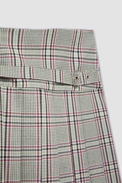 Girls' Belt Detailed Plaid Skirt Light Gray - 10