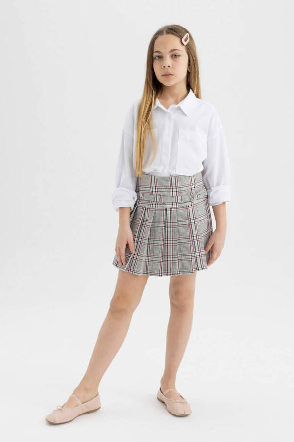 Girls' Belt Detailed Plaid Skirt Light Gray - 11