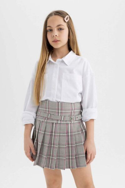 Girls' Belt Detailed Plaid Skirt Light Gray - 12