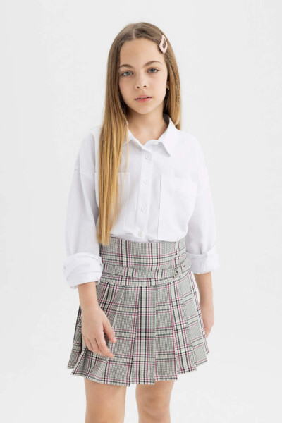 Girls' Belt Detailed Plaid Skirt Light Gray - 13