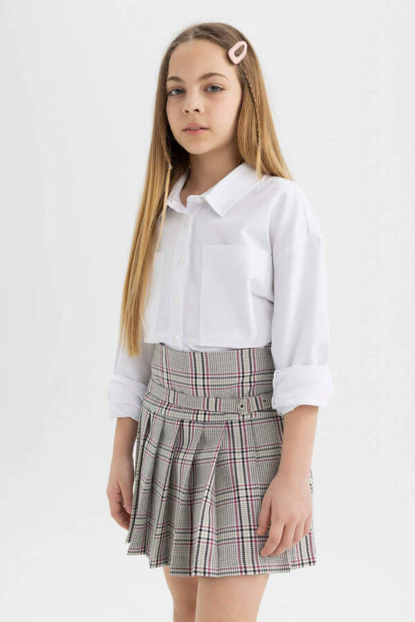 Girls' Belt Detailed Plaid Skirt Light Gray - 14