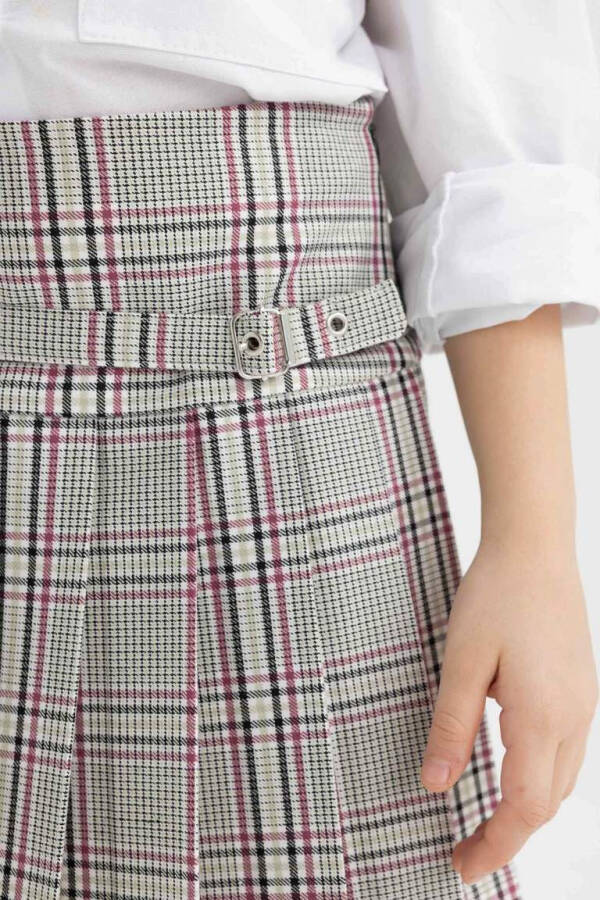 Girls' Belt Detailed Plaid Skirt Light Gray - 16