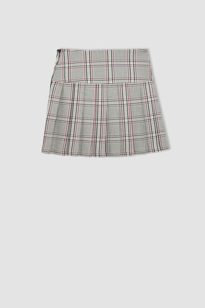 Girls' Belt Detailed Plaid Skirt Light Gray - 20