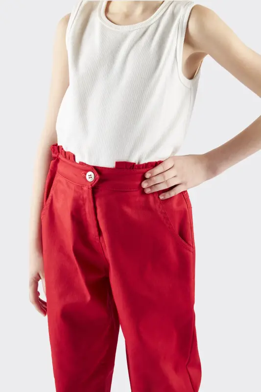 Girl's Belt Ruffle Detail Red Pants-0 - 2